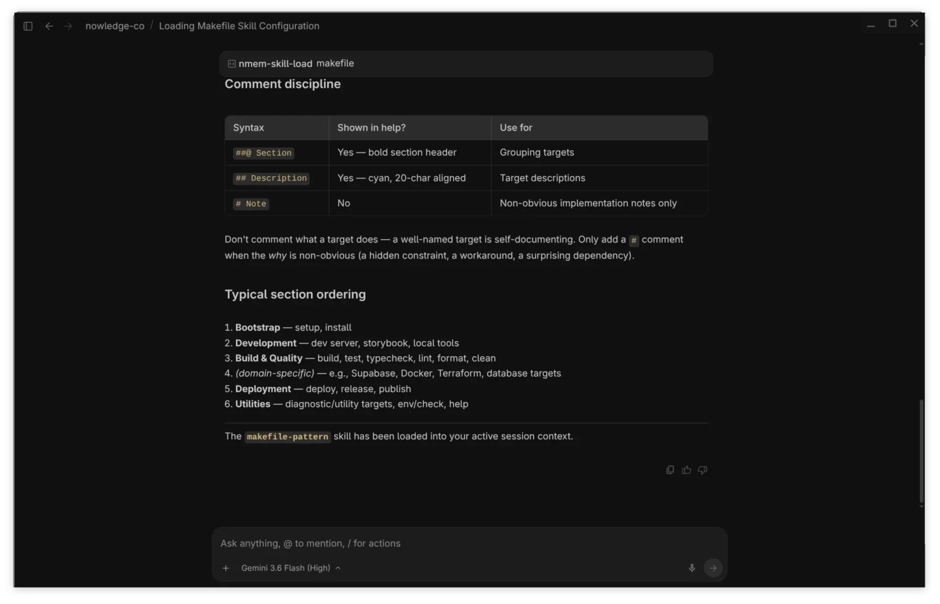 Dynamic injection of a custom Makefile skill into a new session
