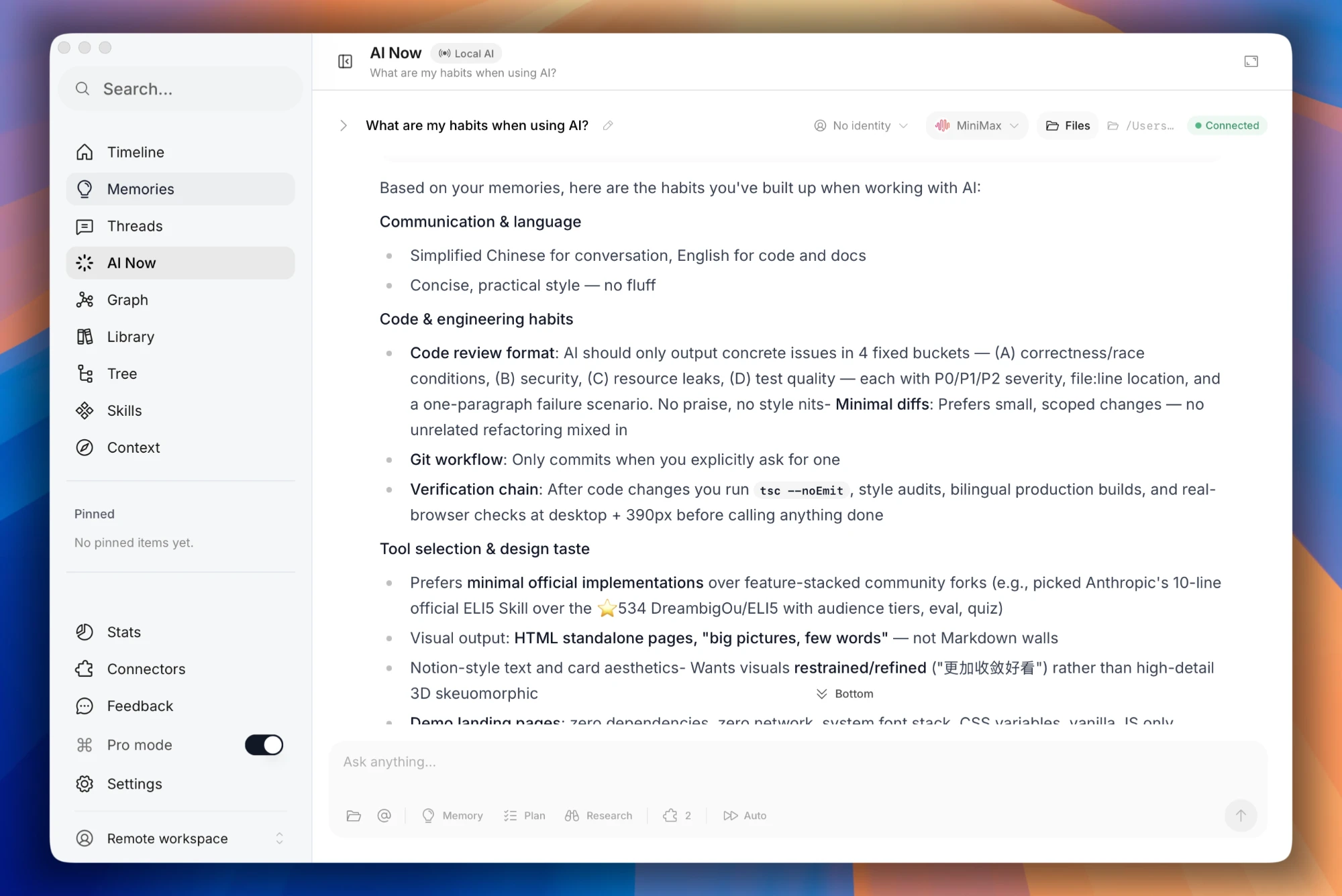 Asking a local model in AI Now what my habits are when using AI. Mem works through the memories it already holds and lays out the engineering conventions, naming rules, and boundaries it found.