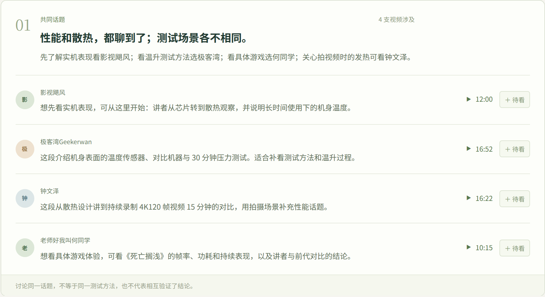 演示页面按作者汇总性能与散热相关片段,列出摘要、起始时间和待看入口